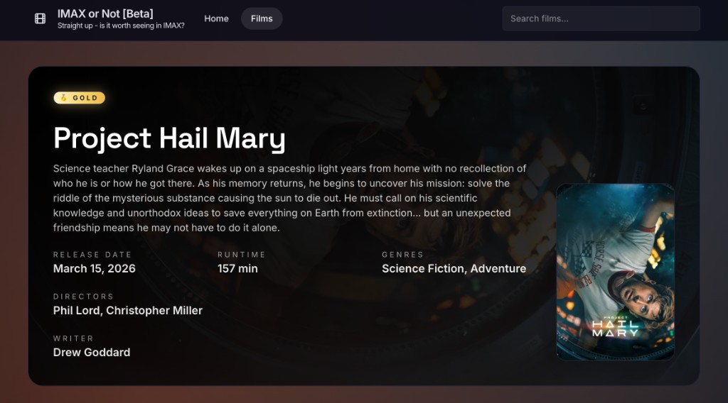 Film detail for Project Hail Mary: hero card with synopsis, metadata, poster, and gold badge