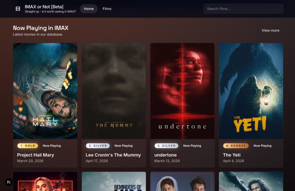IMAX or Not home: Now Playing in IMAX grid with gold, silver, and bronze film cards