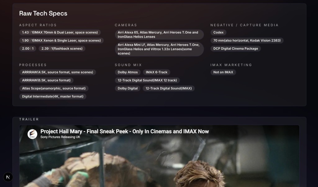Raw tech specs columns and embedded trailer section